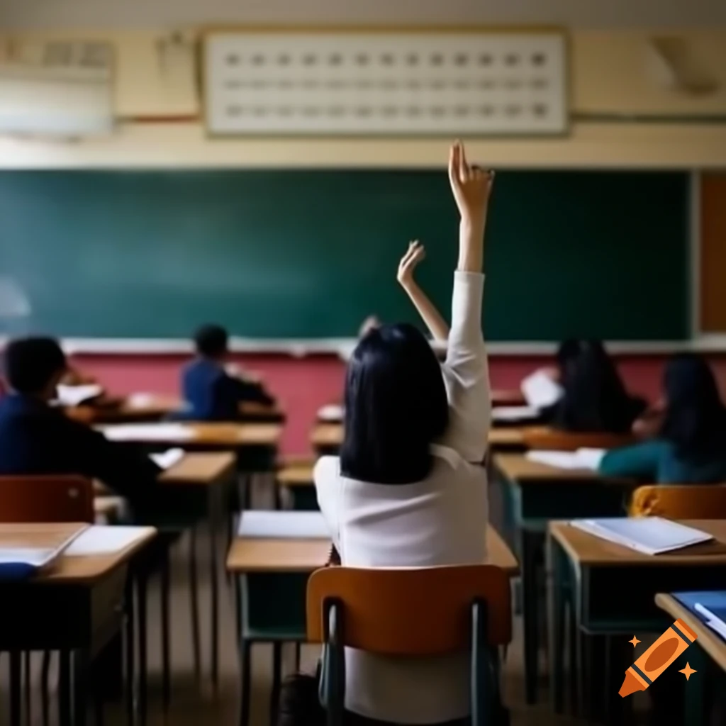 Classroom at Erasmus University with female teacher and student raising hand
