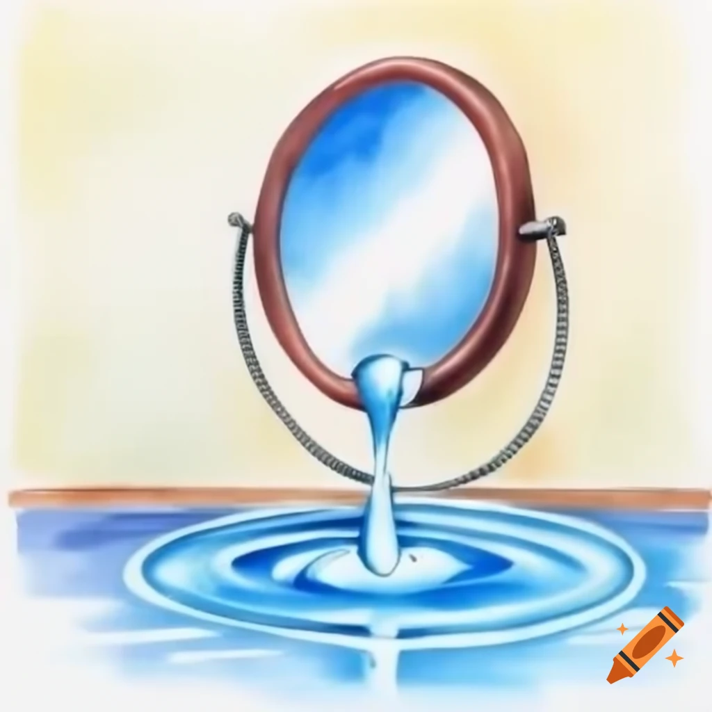 Color pencil drawing of a mirror reflecting a water drop
