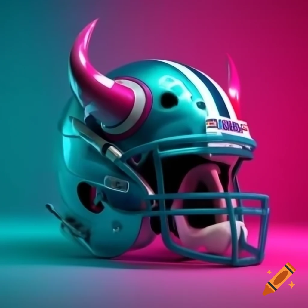 American football team logo featuring horned helmet in pink and turquoise with monster elements