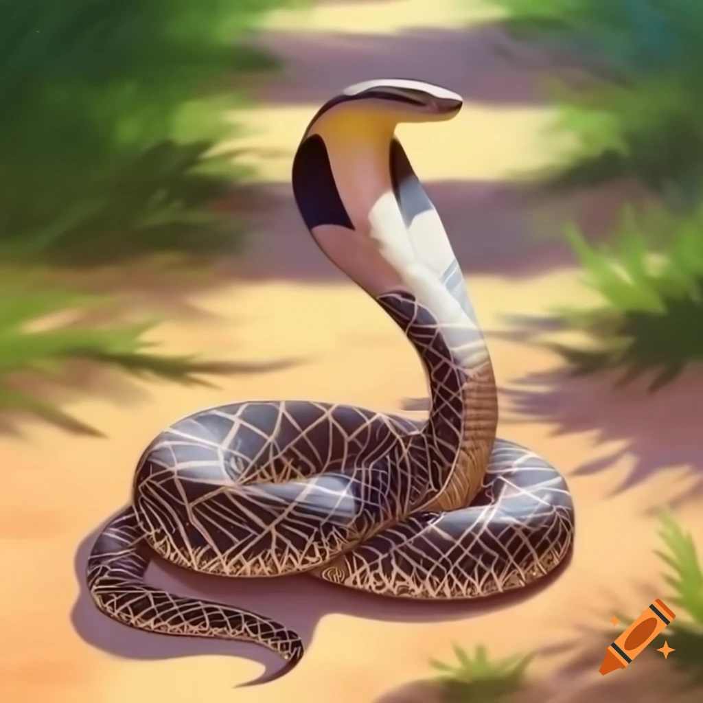 Coiled snake with zigzag pattern on sandy path through vegetation, Kinkade painting