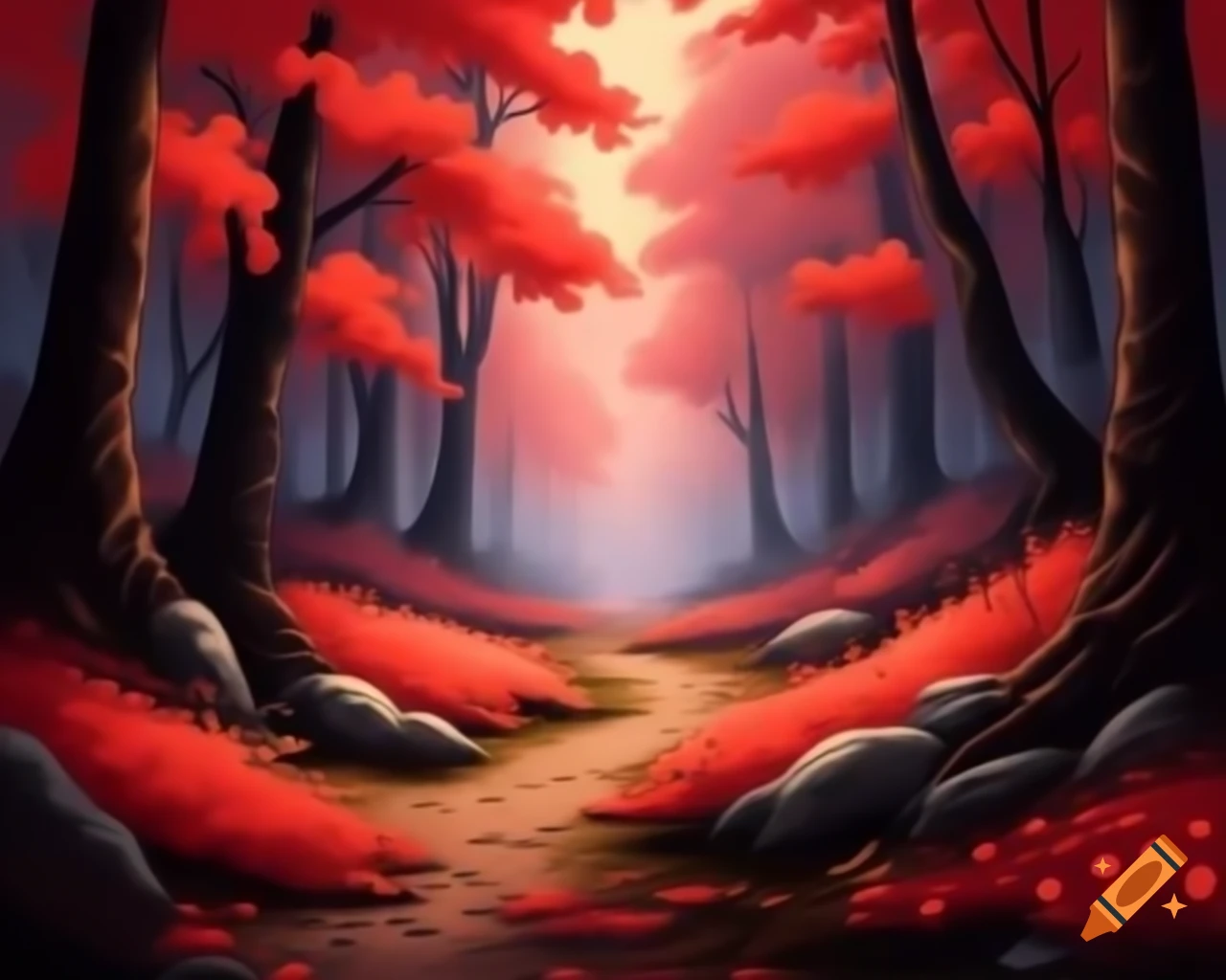 Pathway through a mystical red forest