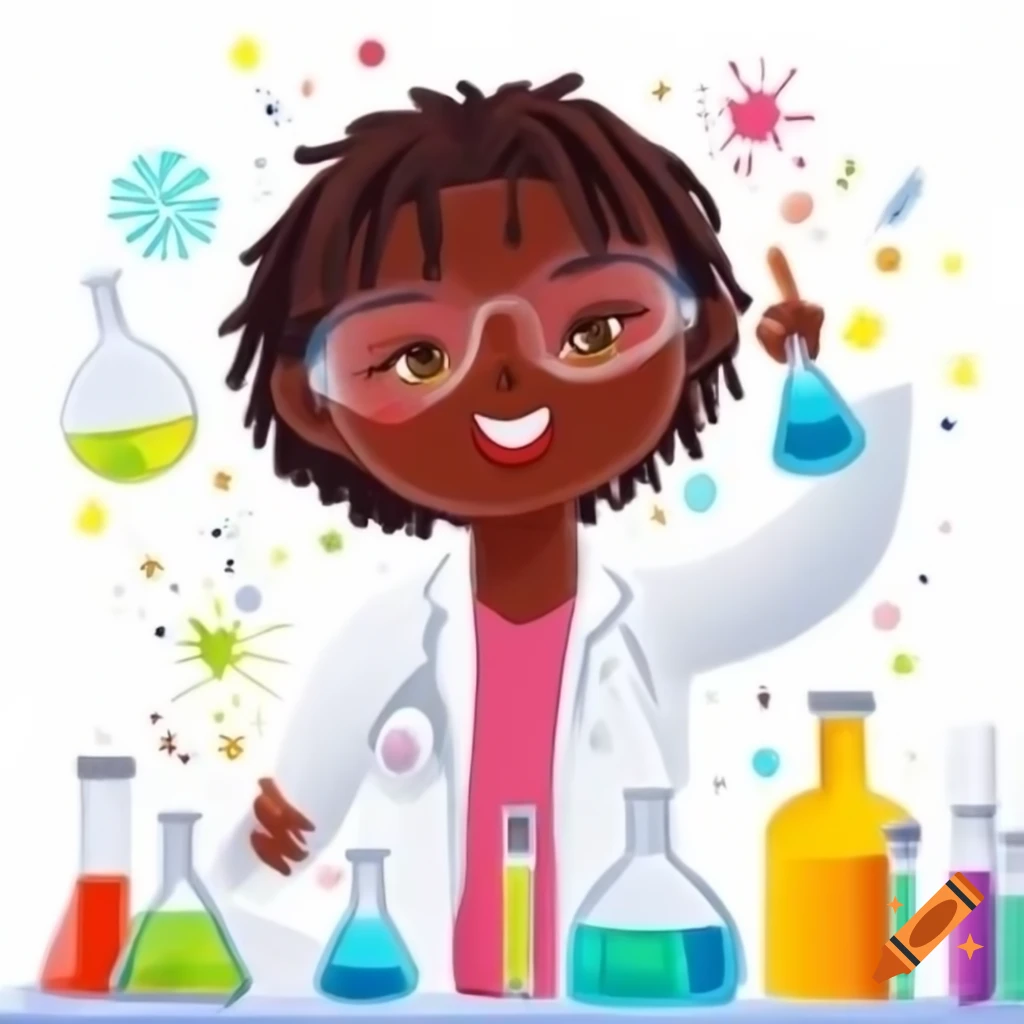 Black female scientist with dreadlocks examining volatile oils in vibrant laboratory drawing