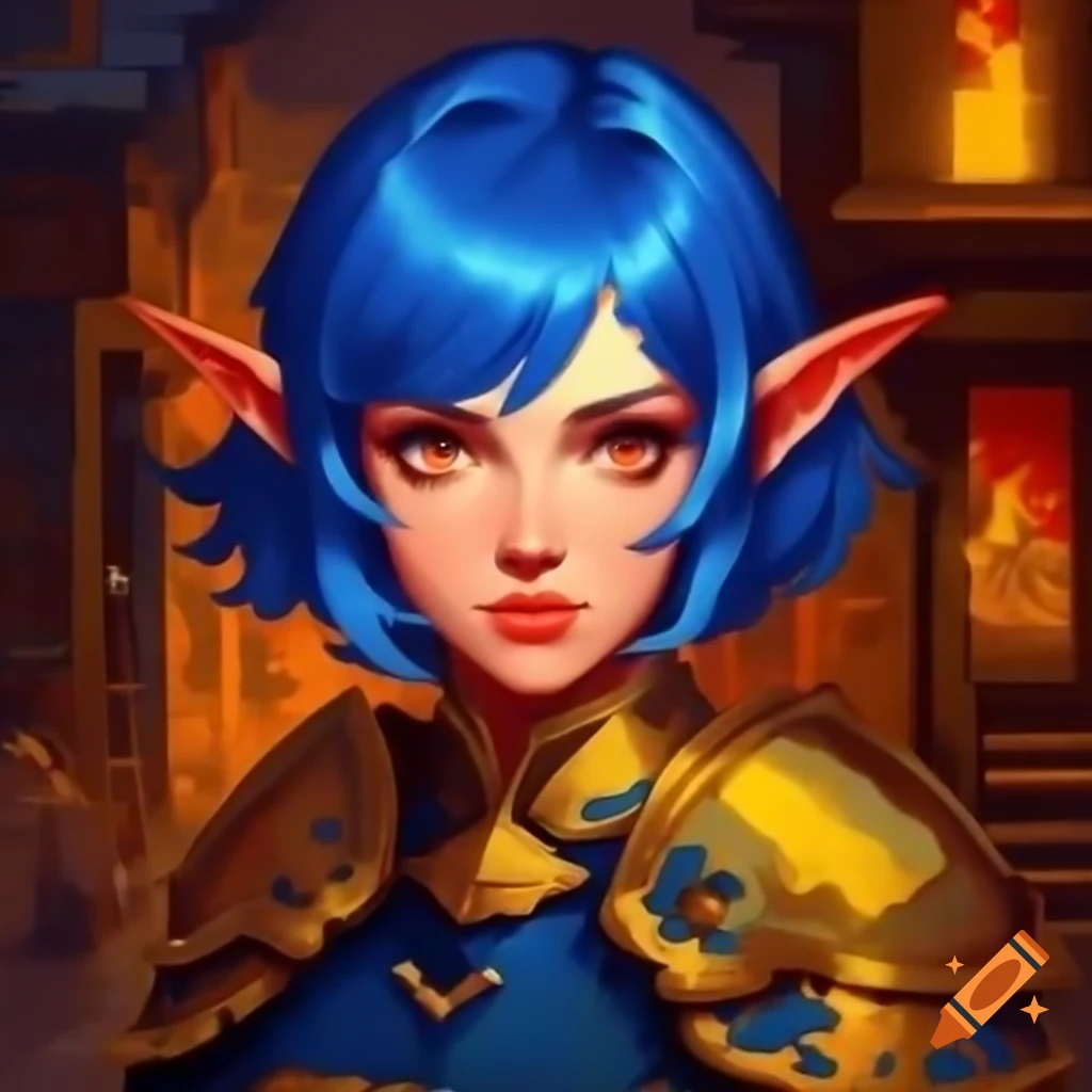 Retro pixel art portrait of blue-haired demi-elf in nomad village, impressionist style