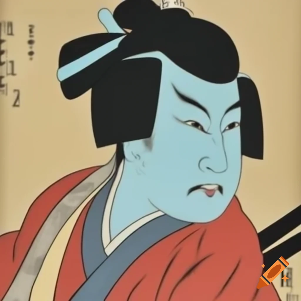 Young man with blue skin and hair in Edo period attire holding katana, manga woodblock style