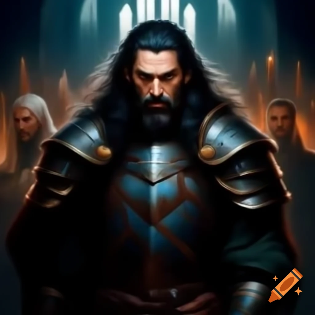 Medieval paladin man with dark hair and obscure aura