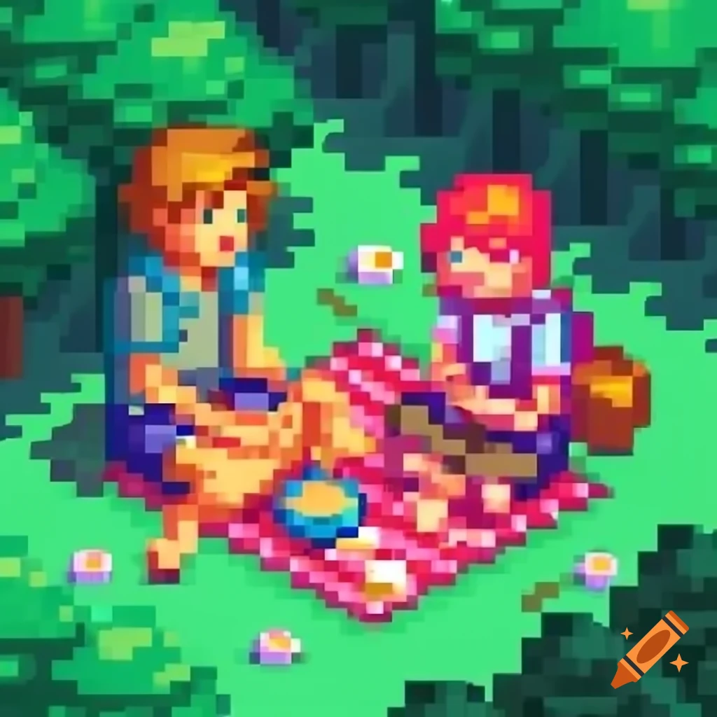 Pixel art of two people having a picnic