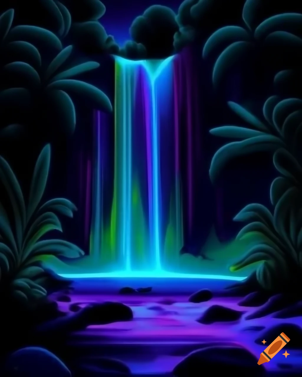 Neon-colored tropical waterfall