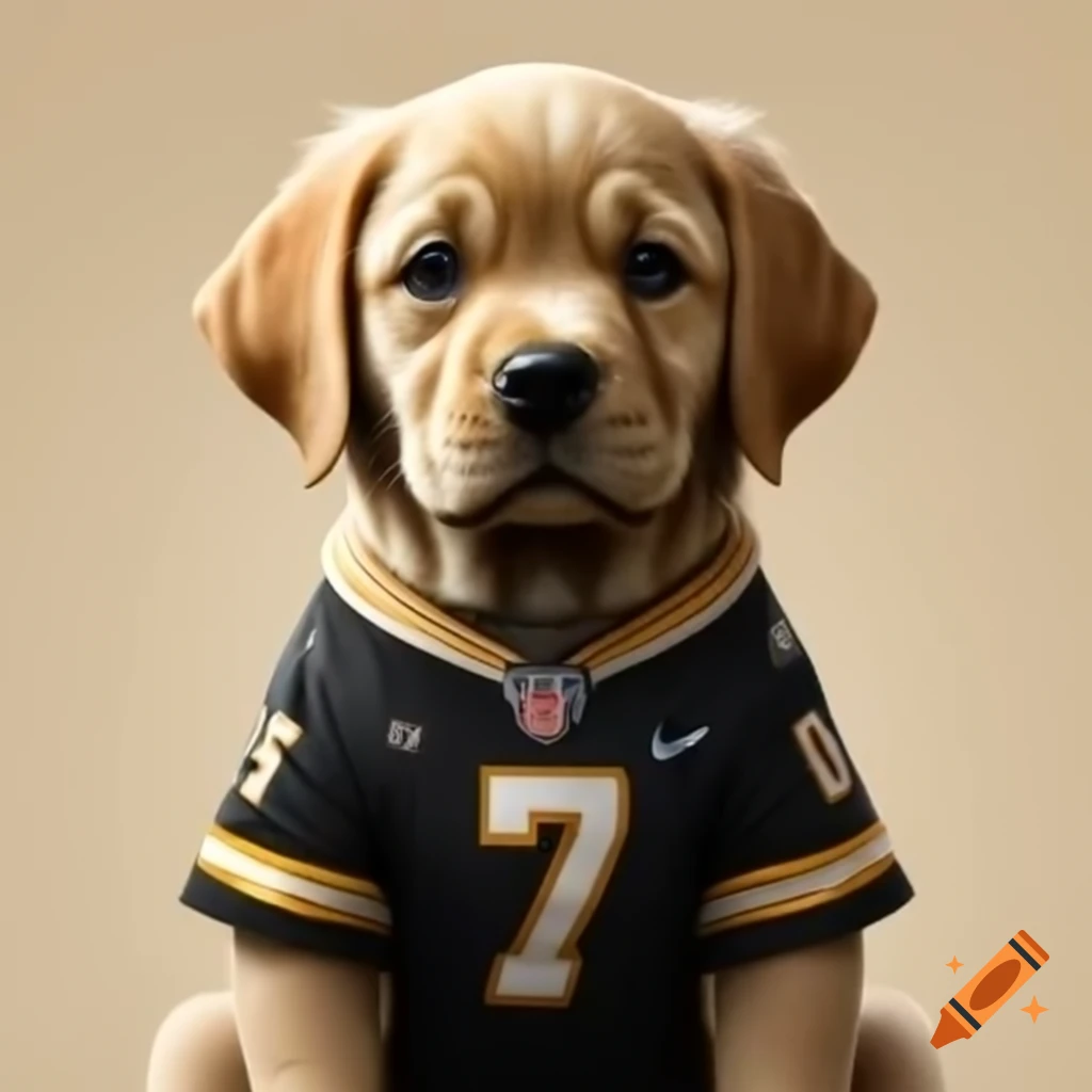 Labrador retriever puppy in black and gold football jersey, digital art