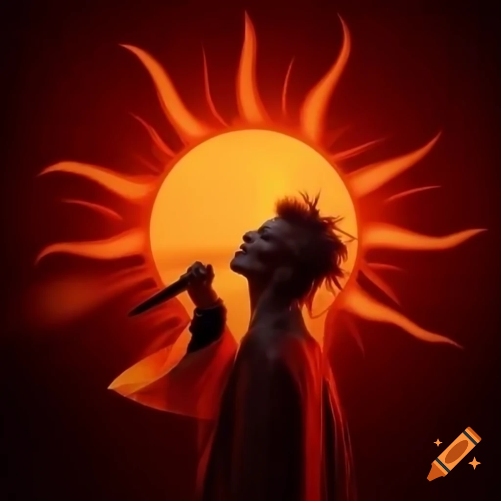 Hip hop album cover inspired by David Bowie with vibrant sun and spirit flying