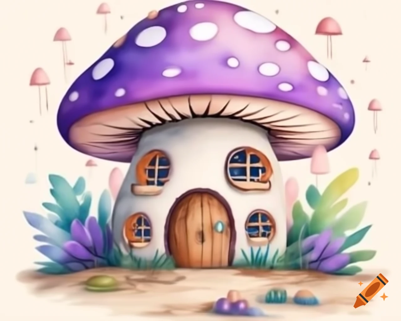 Watercolor mushroom house in violet and brown storybook style