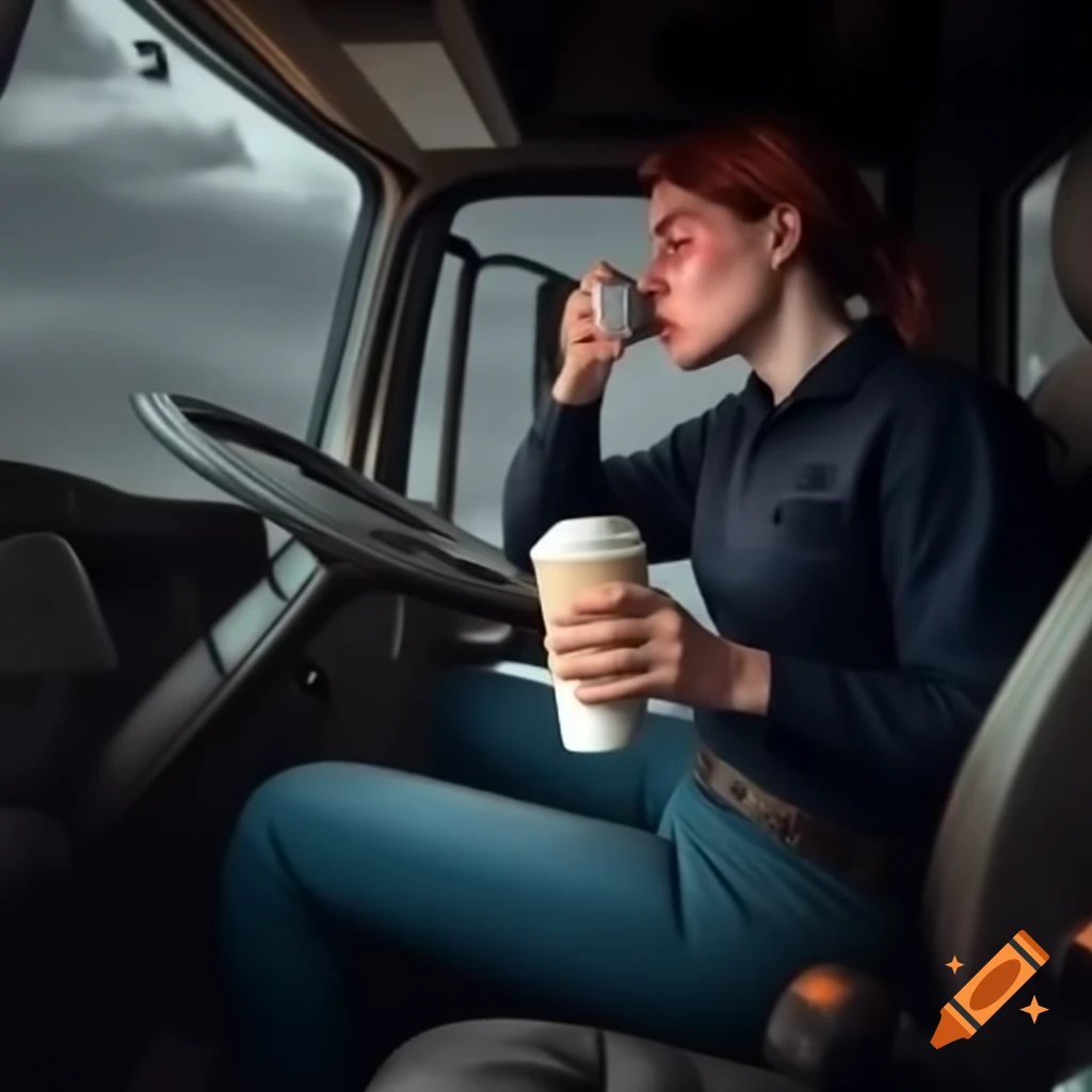 Tired truck driver with red eyes holding large coffee cup