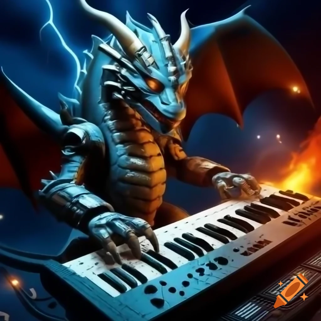Robot dragon playing synthesizer with stars, lasers, and lightning in space