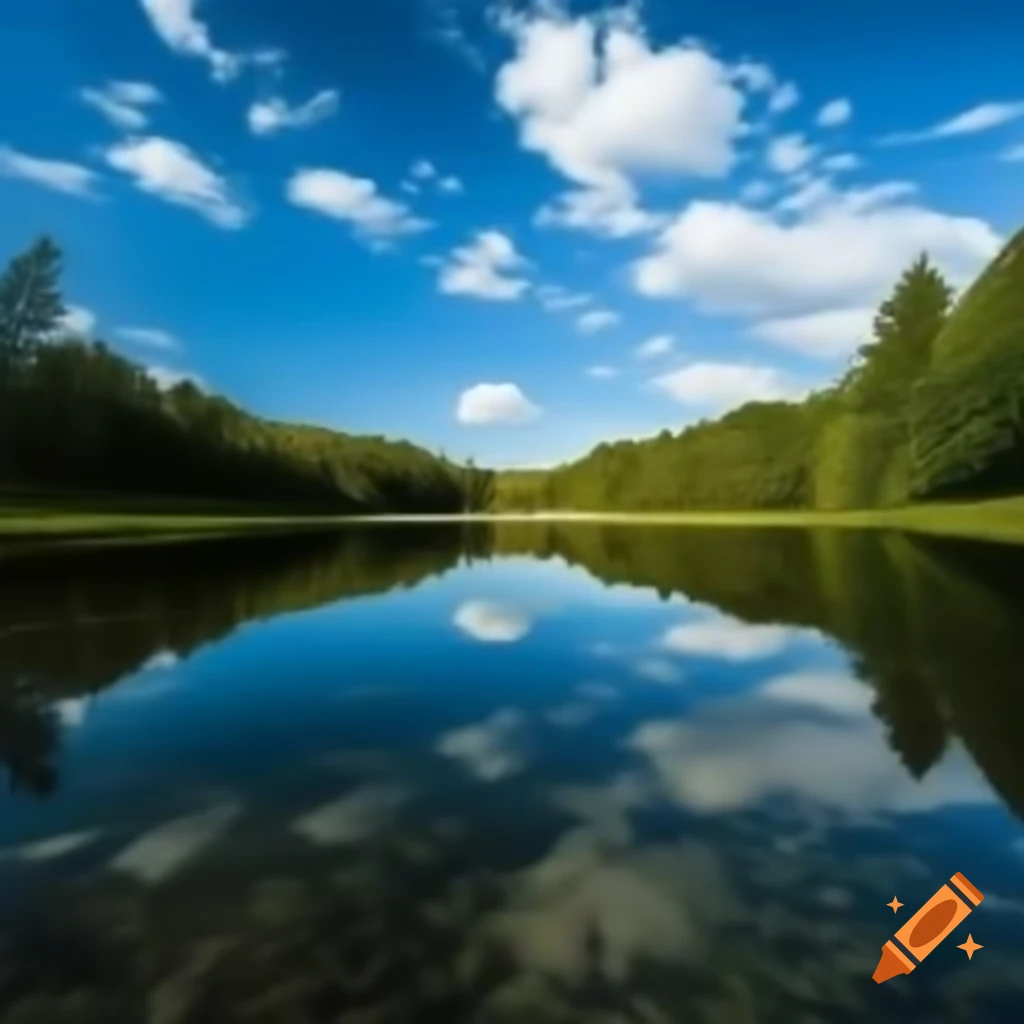 Pond with clear reflection of trees and blue sky with clouds