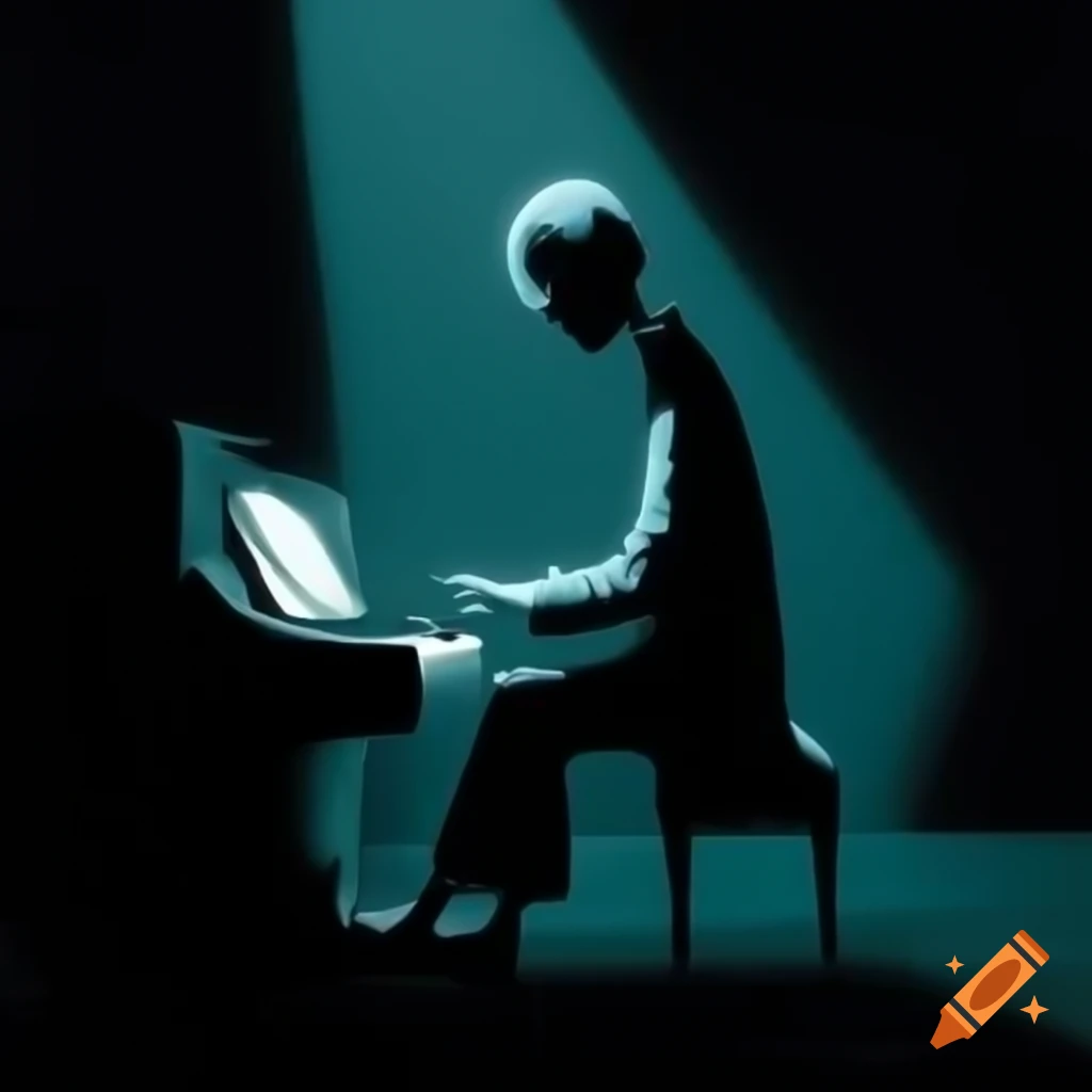 Shadow figure playing piano with dramatic lighting in comic style