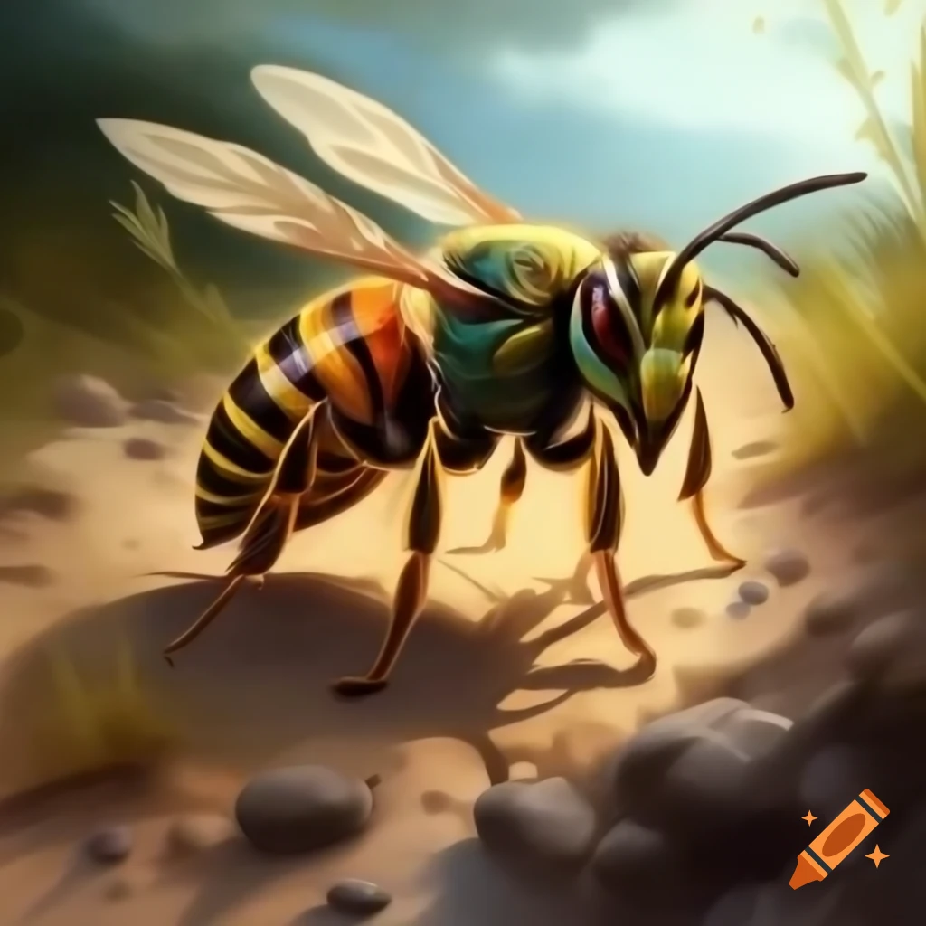 Giant hornet hovering over sandy path through vegetation, detailed oil painting