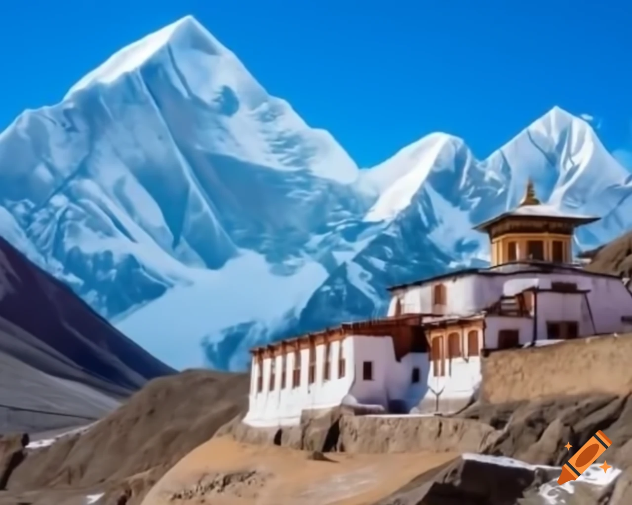 Ancient monastery in snow-capped Himalayas with clear blue skies