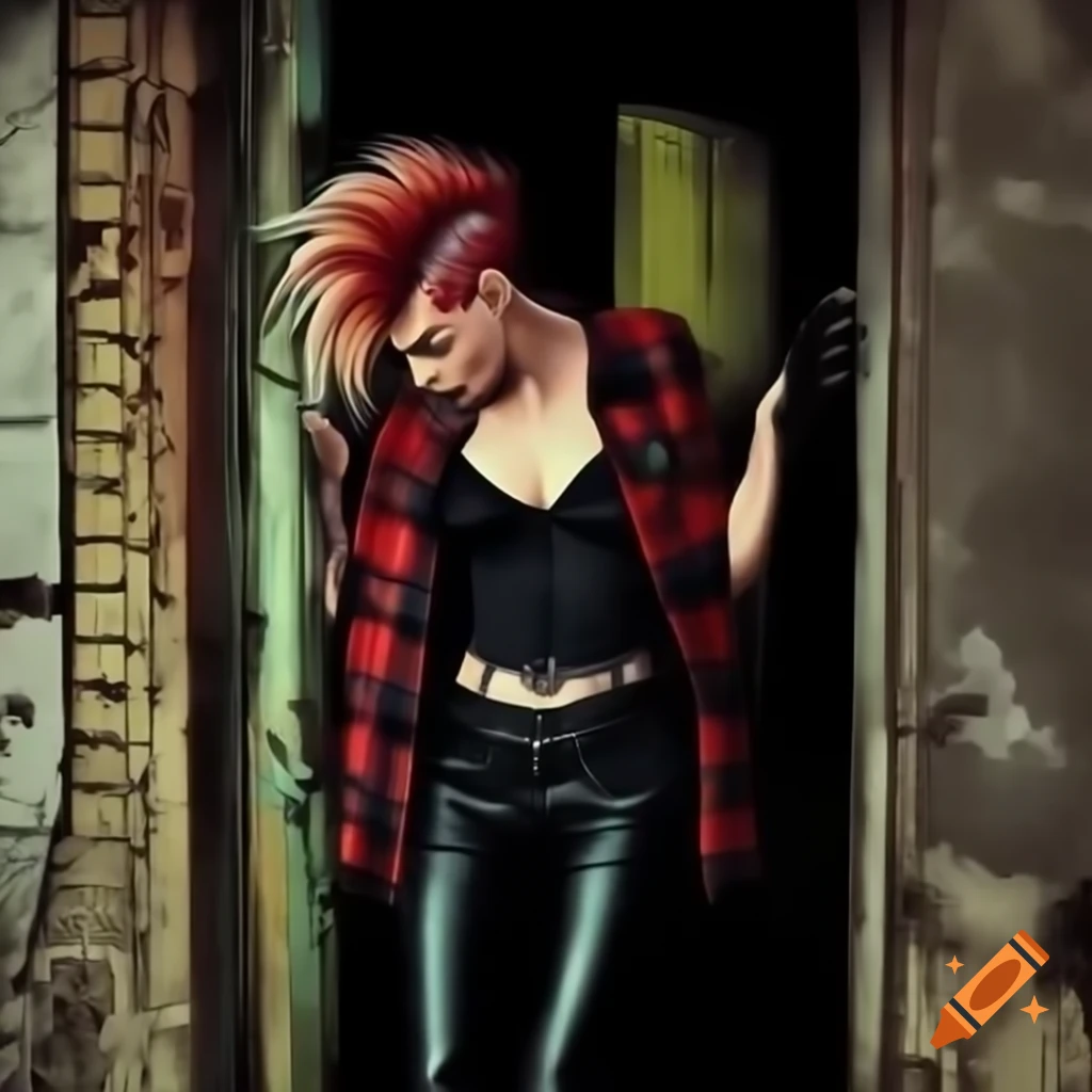 Punk rocker with mohawk hairstyle wearing plaid shirt and leather trousers, high-angle closeup