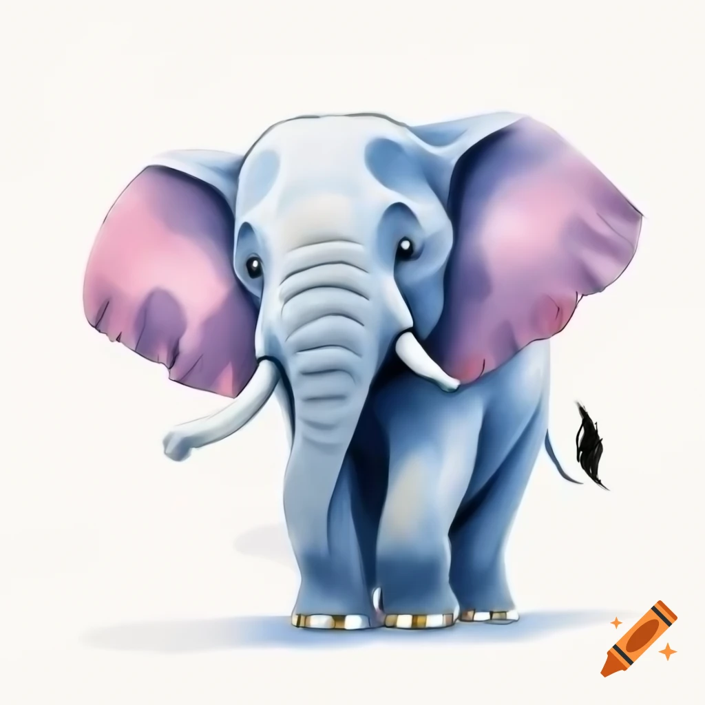 Cartoon elephant front view on white background in watercolor style