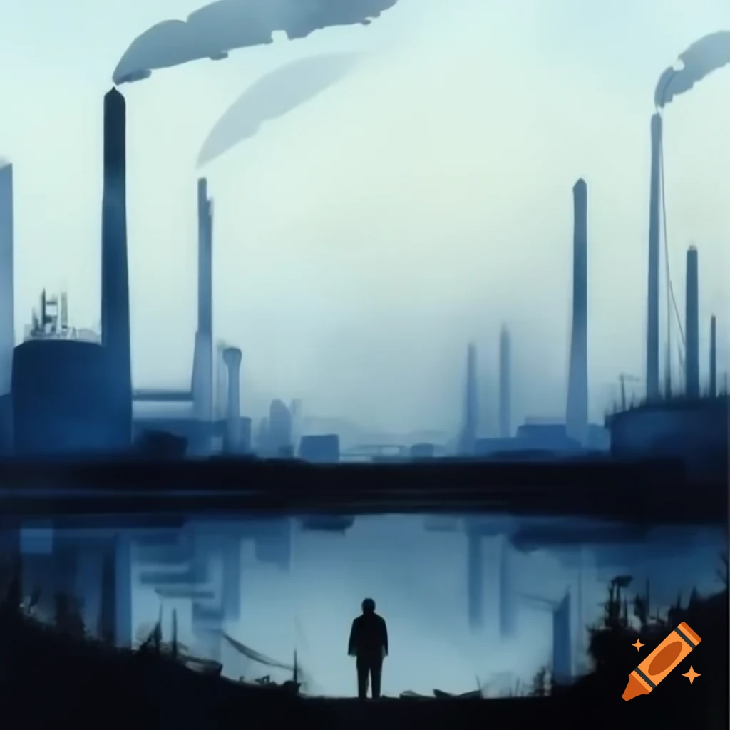 Simple watercolor painting of retro-futuristic industrial scene