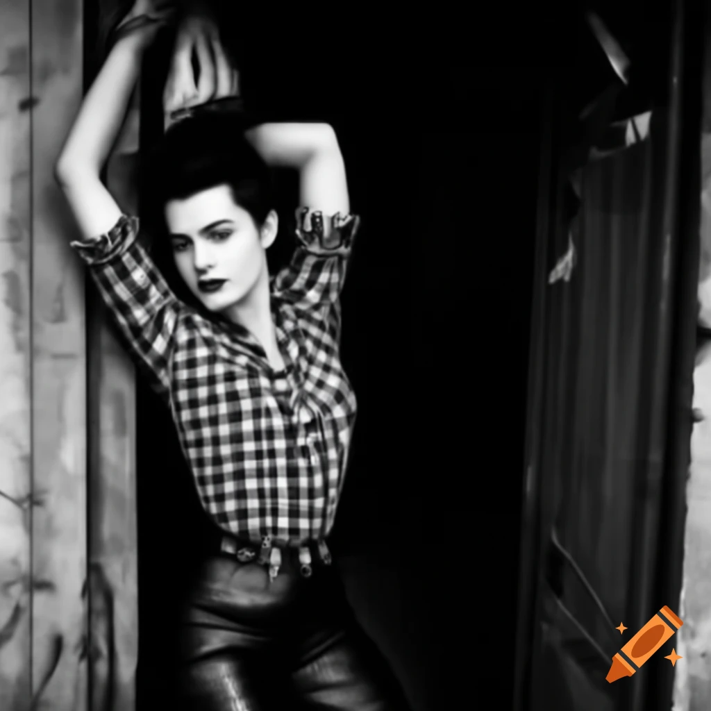 Punk rocker with mohawk hairstyle in plaid shirt and leather trousers peeking through