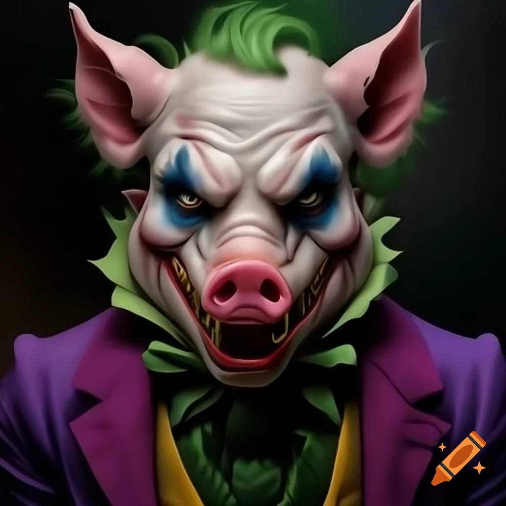Evil pig character in joker clothes and makeup, detailed painting