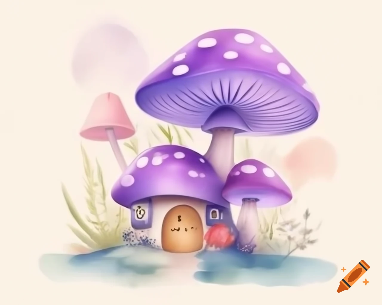 Watercolor mushroom house in violet and brown storybook style