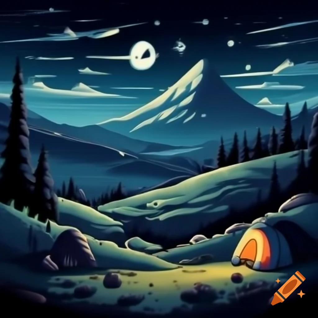 Nighttime mountain landscape with mushrooms inspired by Adventure Time