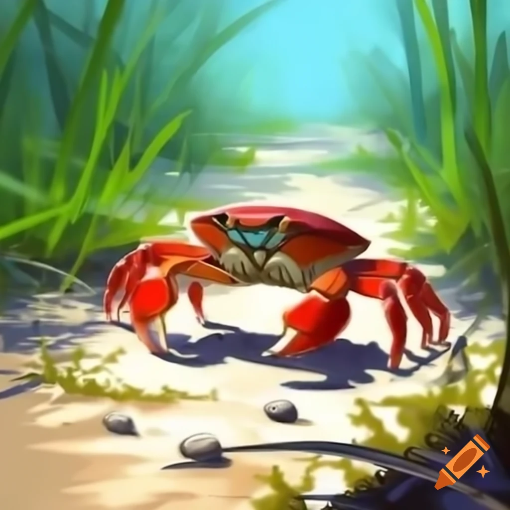 Large crab walking on sandy path through vegetation, acrylic painting