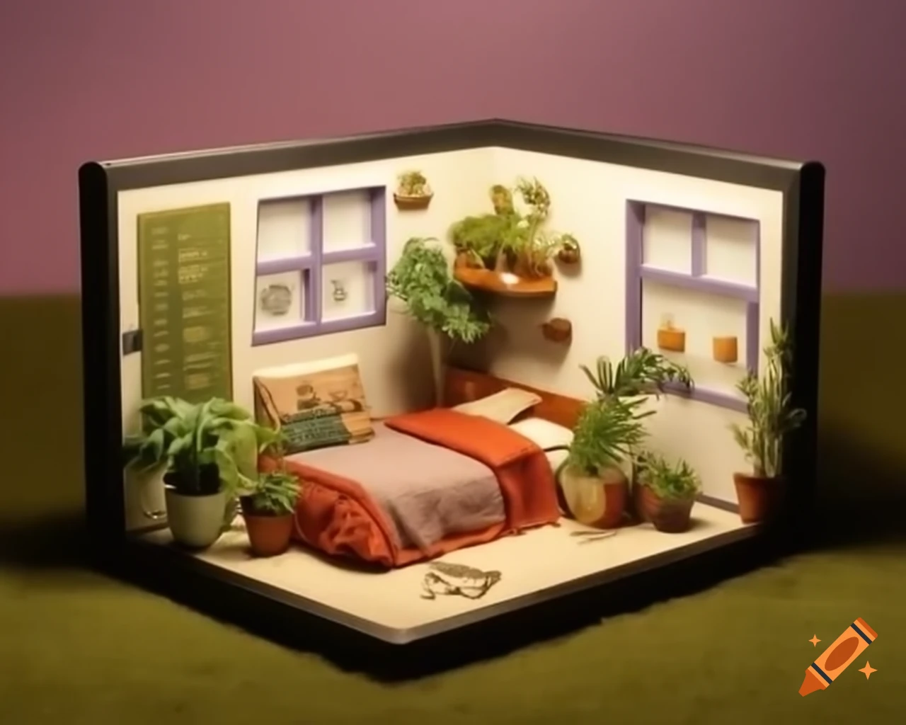 Miniature diorama of bedroom featuring potted plants