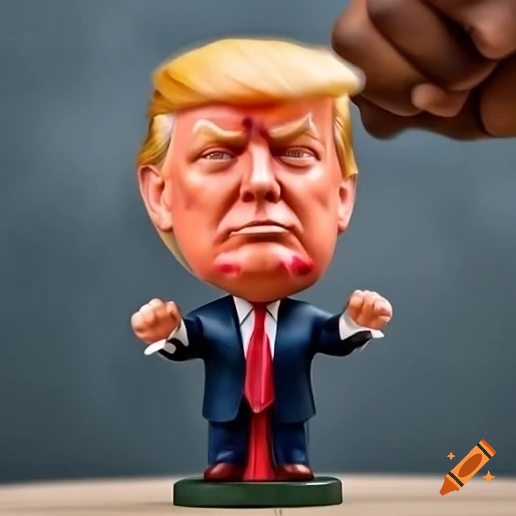 Satirical Trump bobblehead with blood on face and bandage, collectible item