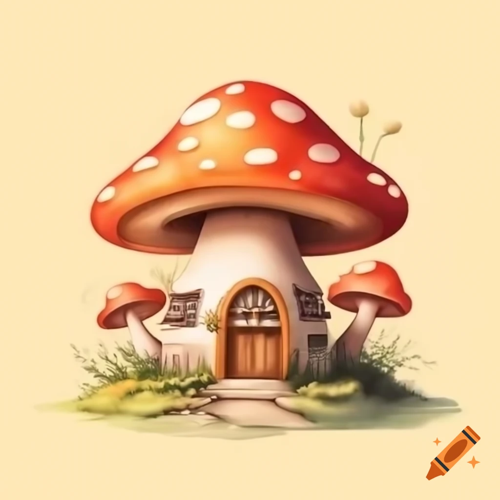 Watercolor mushroom house in warm mustard and brown tones, storybook style