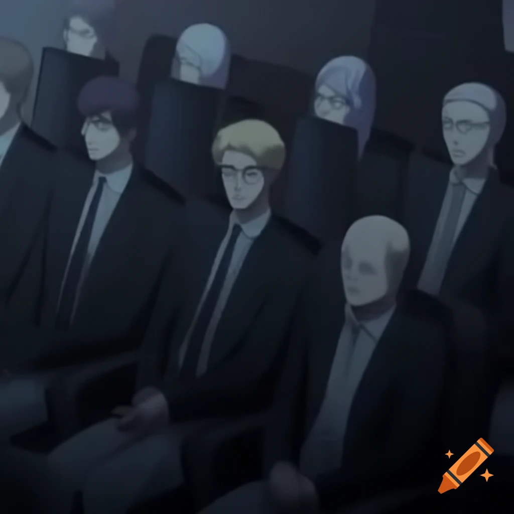 Anime men in suits gathered in dark meeting room