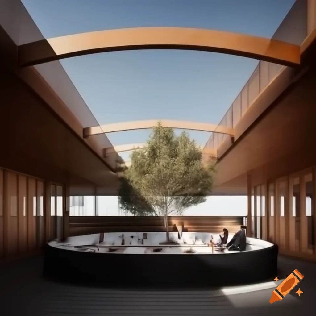 Outdoor working area with transparent roof and curved elevated table, featuring wooden flooring