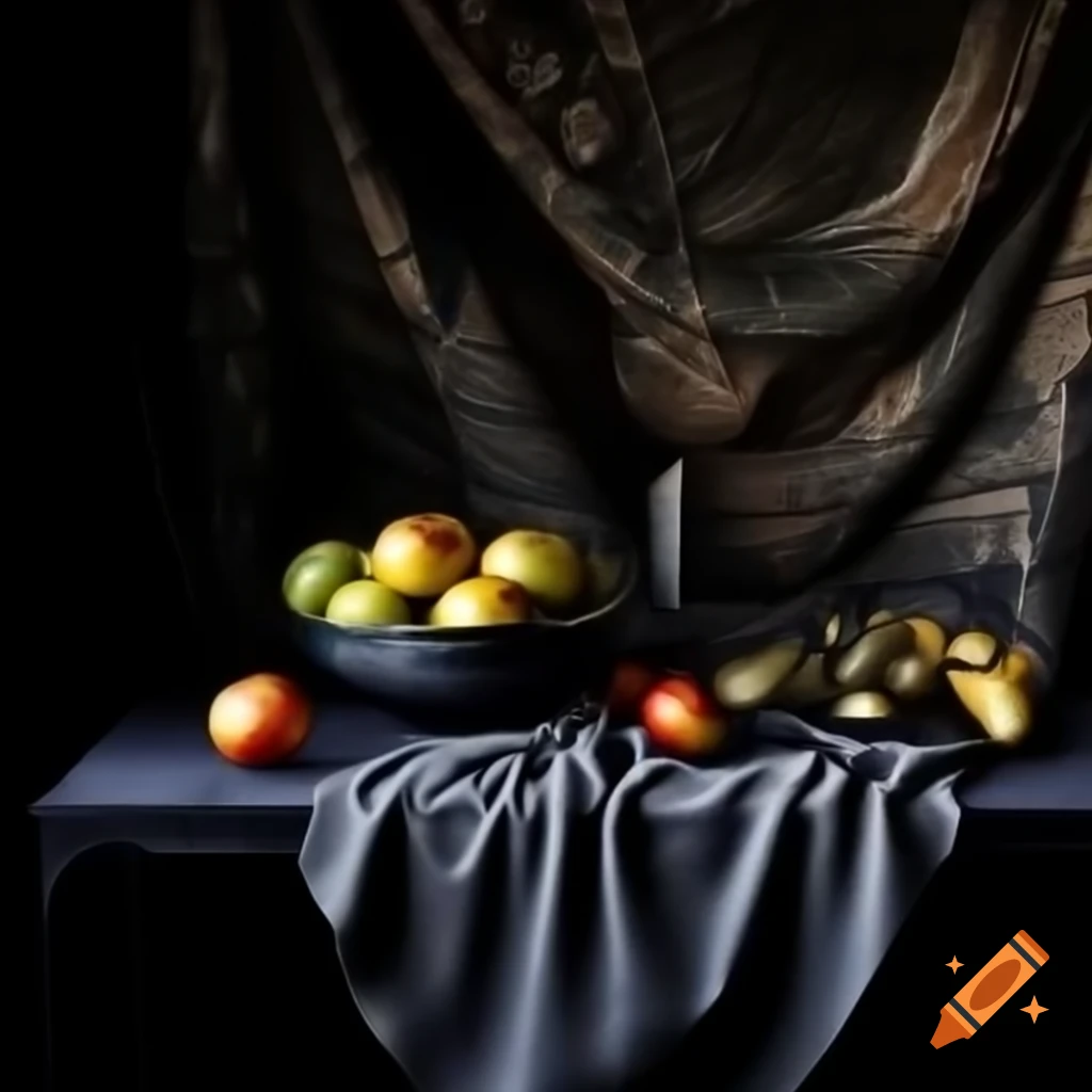 Dramatic still life of fruit in gothic bowl, metal vases, and candlelight