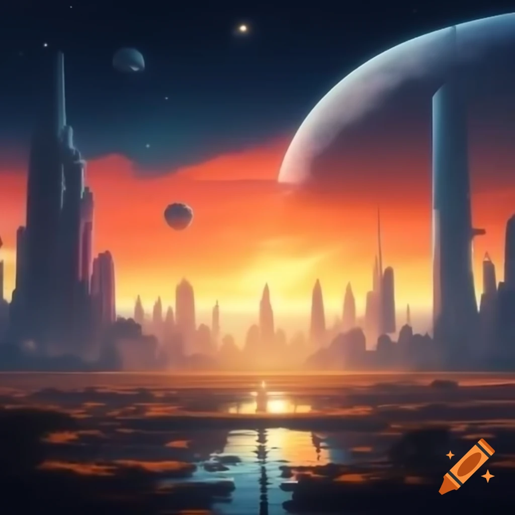 Futuristic cityscape at sunset with vibrant colors and stars