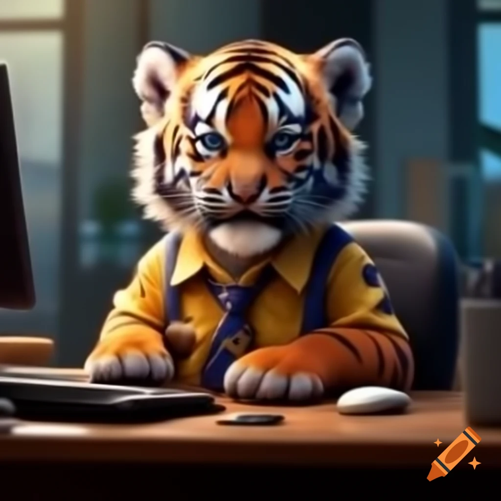 Cute cartoon tiger cub in office uniform working at computer with amusing expression