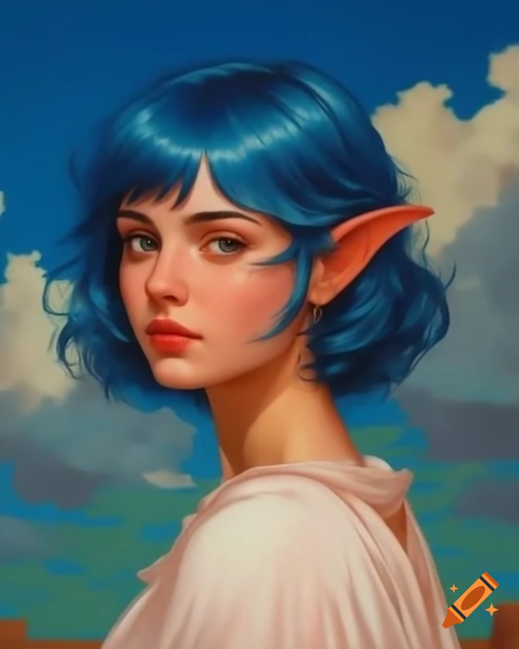 Blue-haired demi-elf heroine in ancient toga, pixelart style, under blue cloudy sky