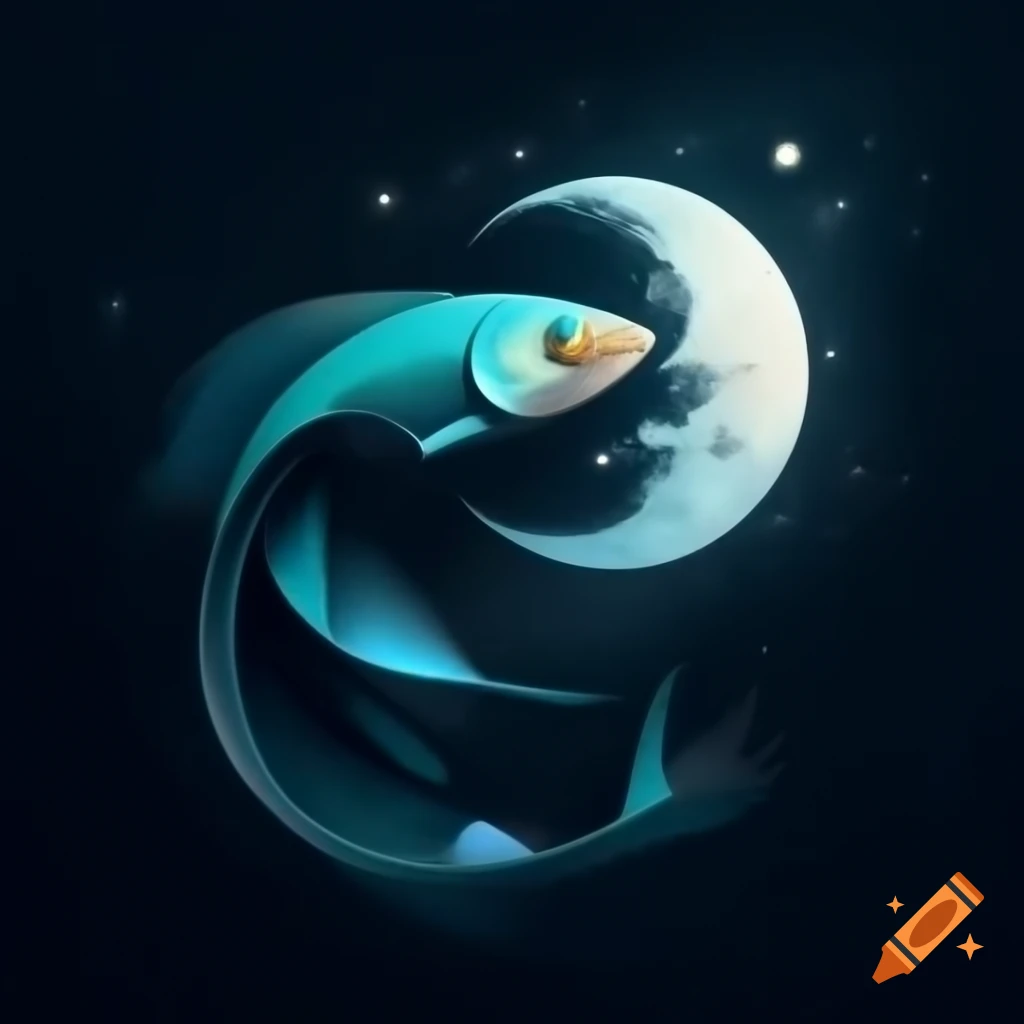 Surreal design of fish flying towards the moon
