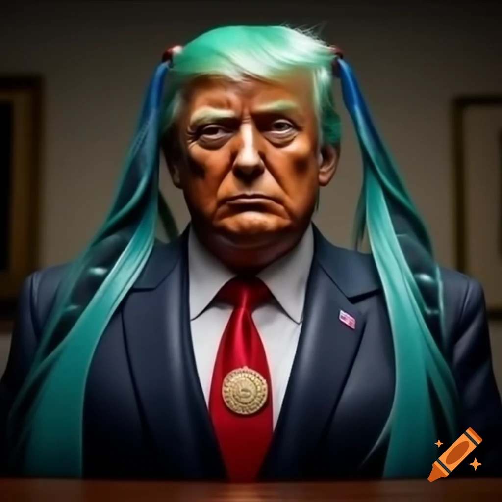 Realistic scene of Donald Trump awarding medal to Hatsune Miku