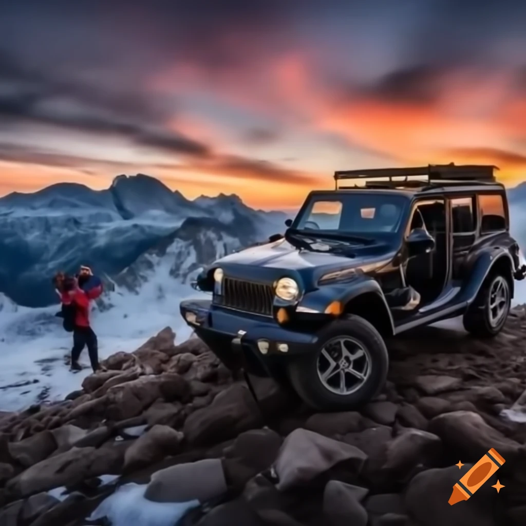 Jeep at rocky mountain peak with sunrise and clear sky
