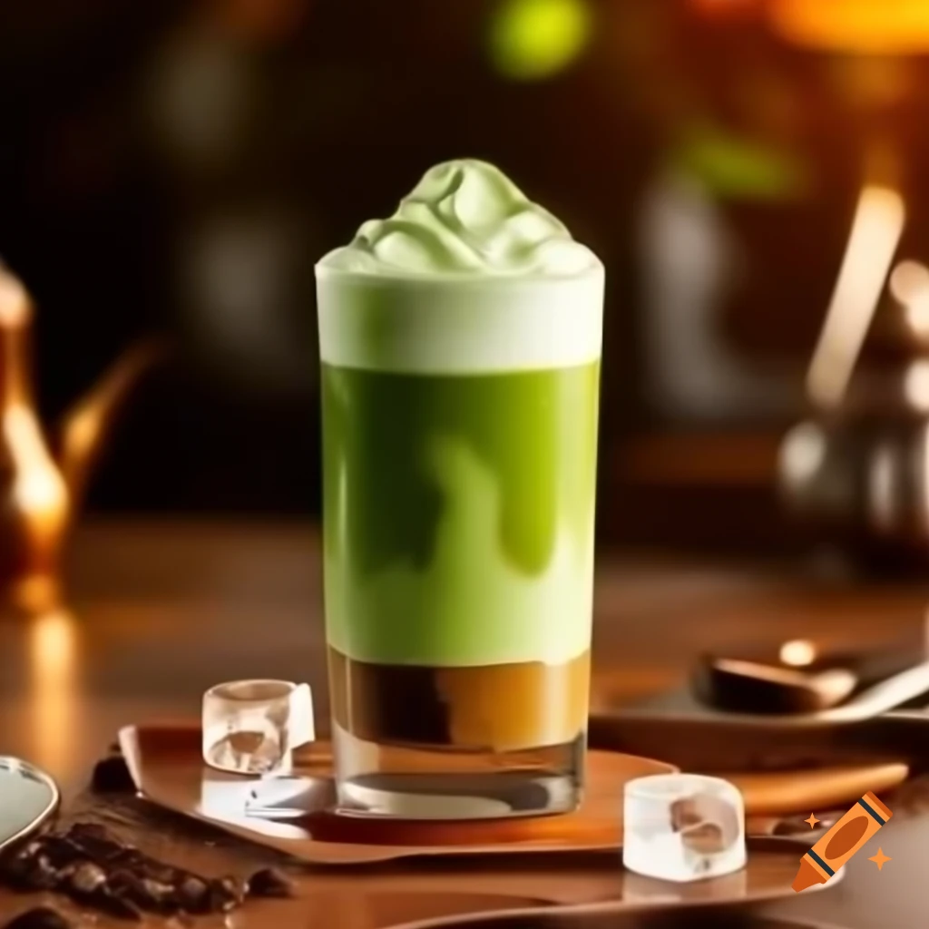 Iced matcha latte served in cozy café with ice cubes