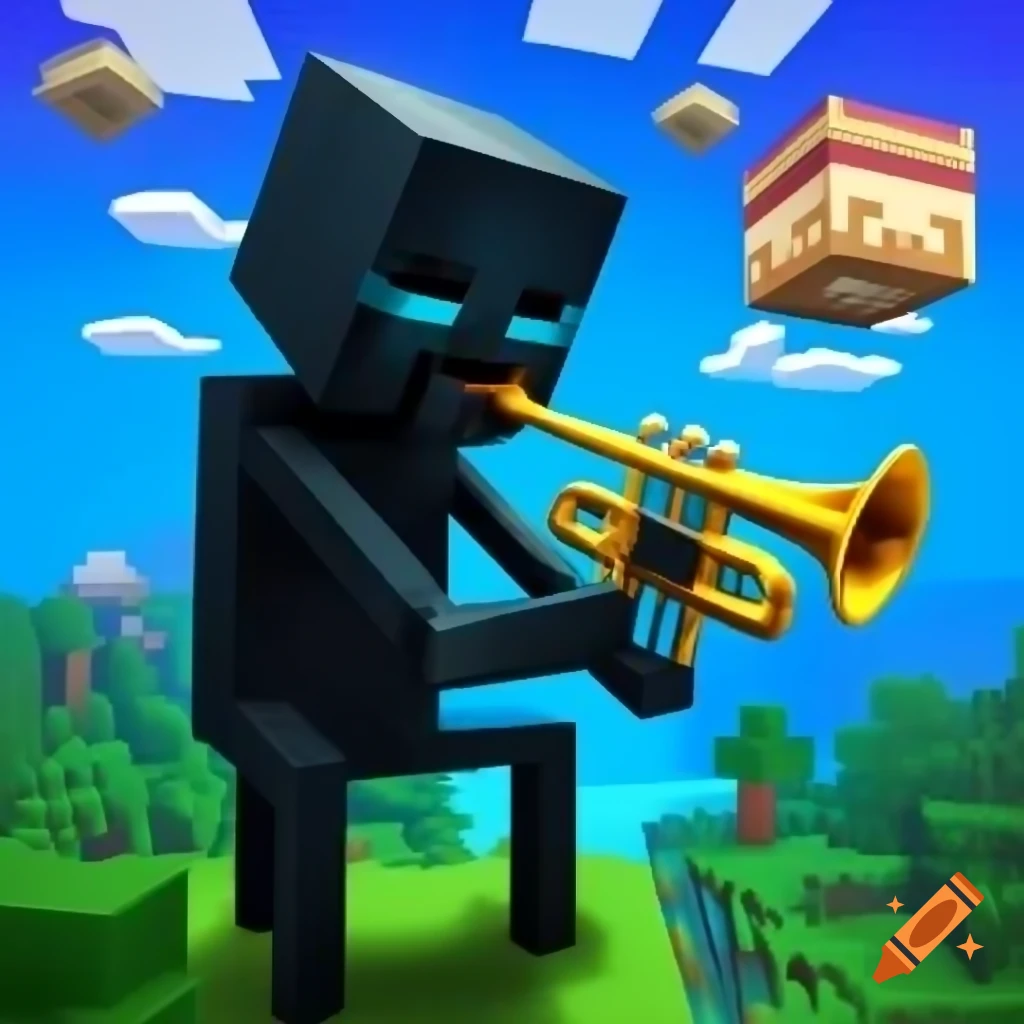 Enderman playing trumpet in Minecraft world background