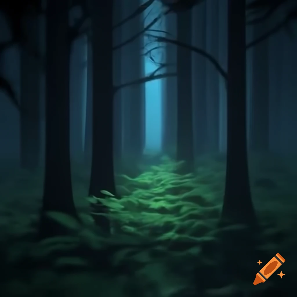 Complex deciduous forest at night