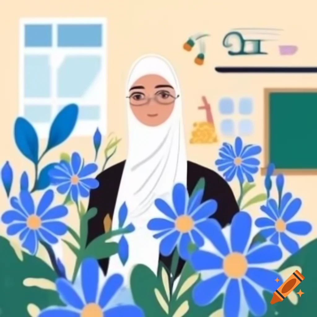 Muslim teacher surrounded by blue flowers in classroom illustration