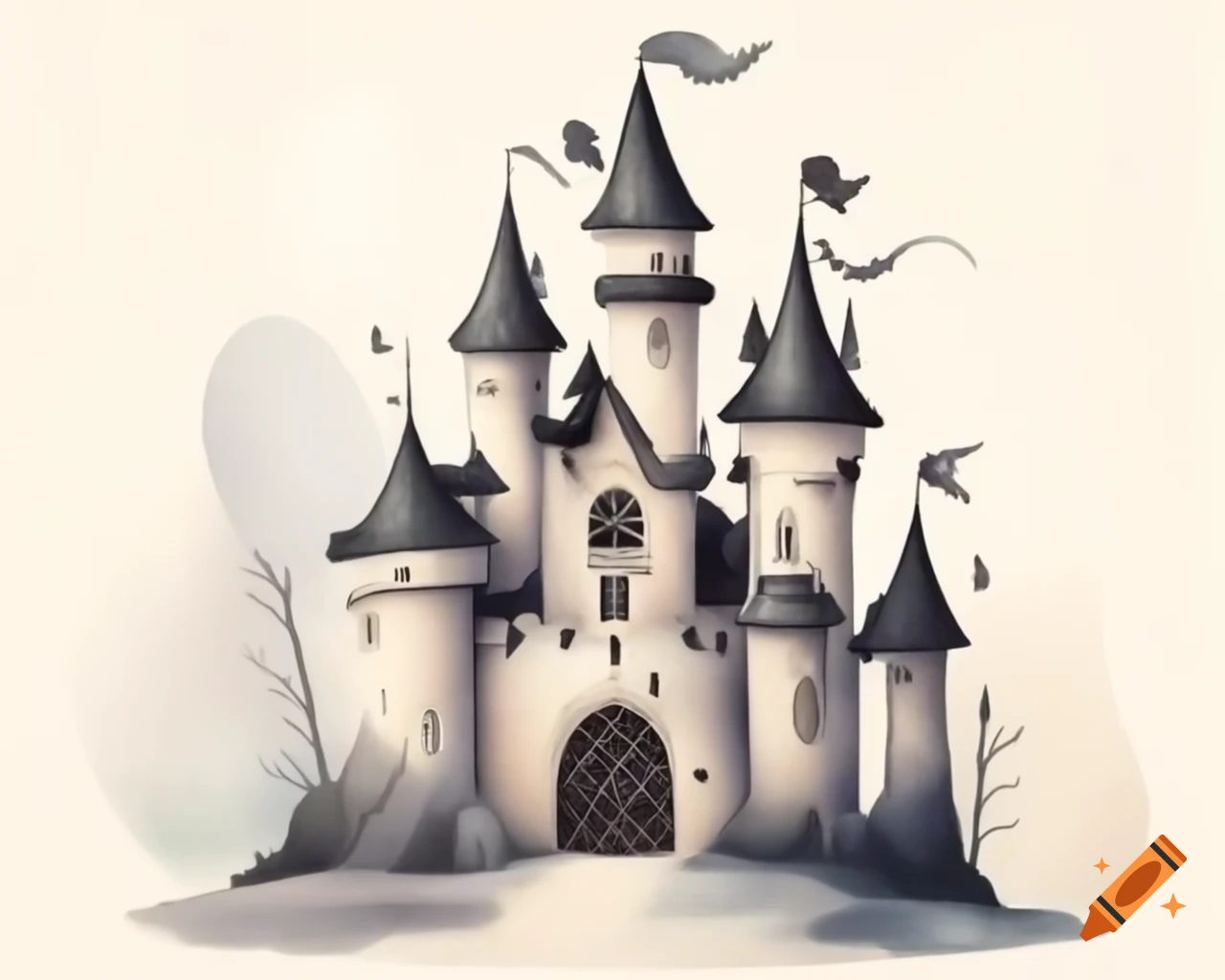 Watercolor fairy castle in black and silver storybook style