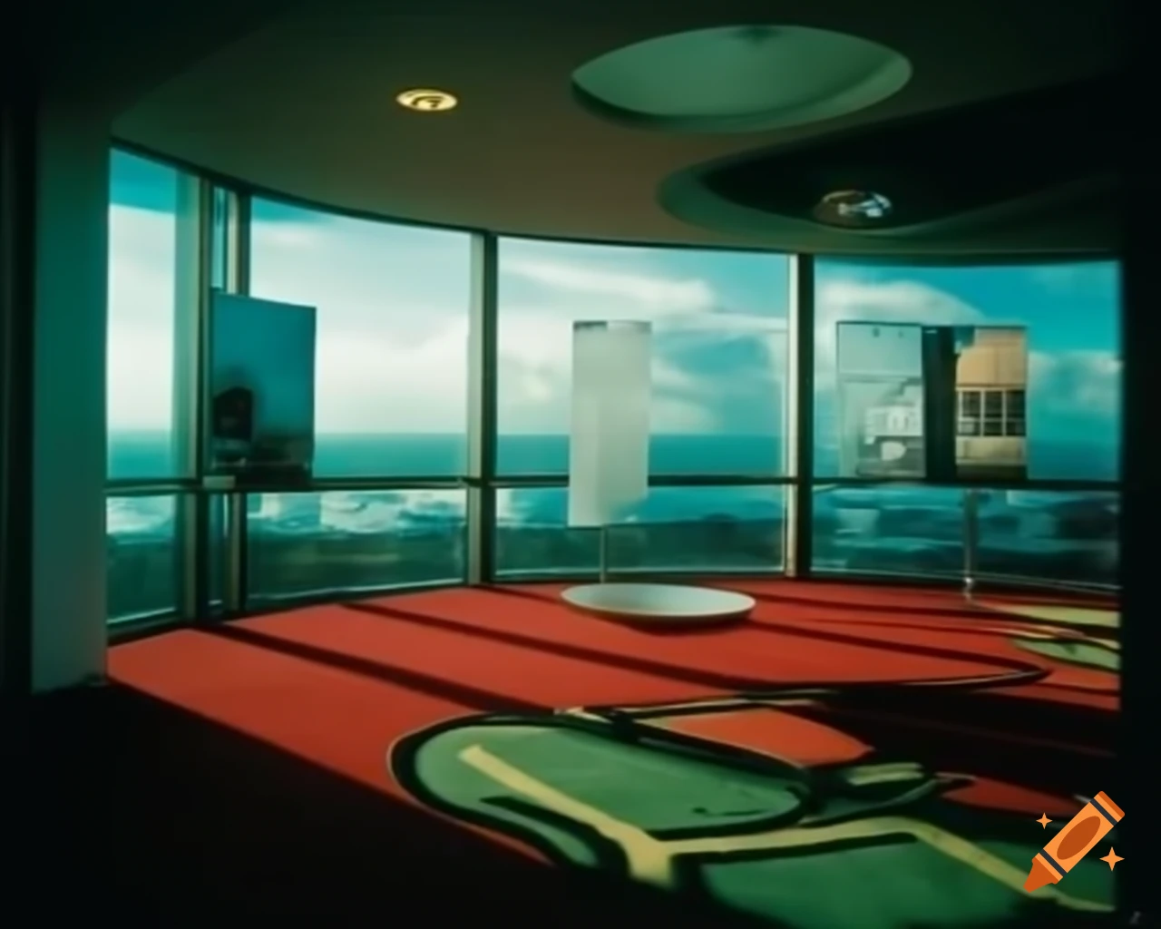 90s to early 2000s style office interior with retro carpet