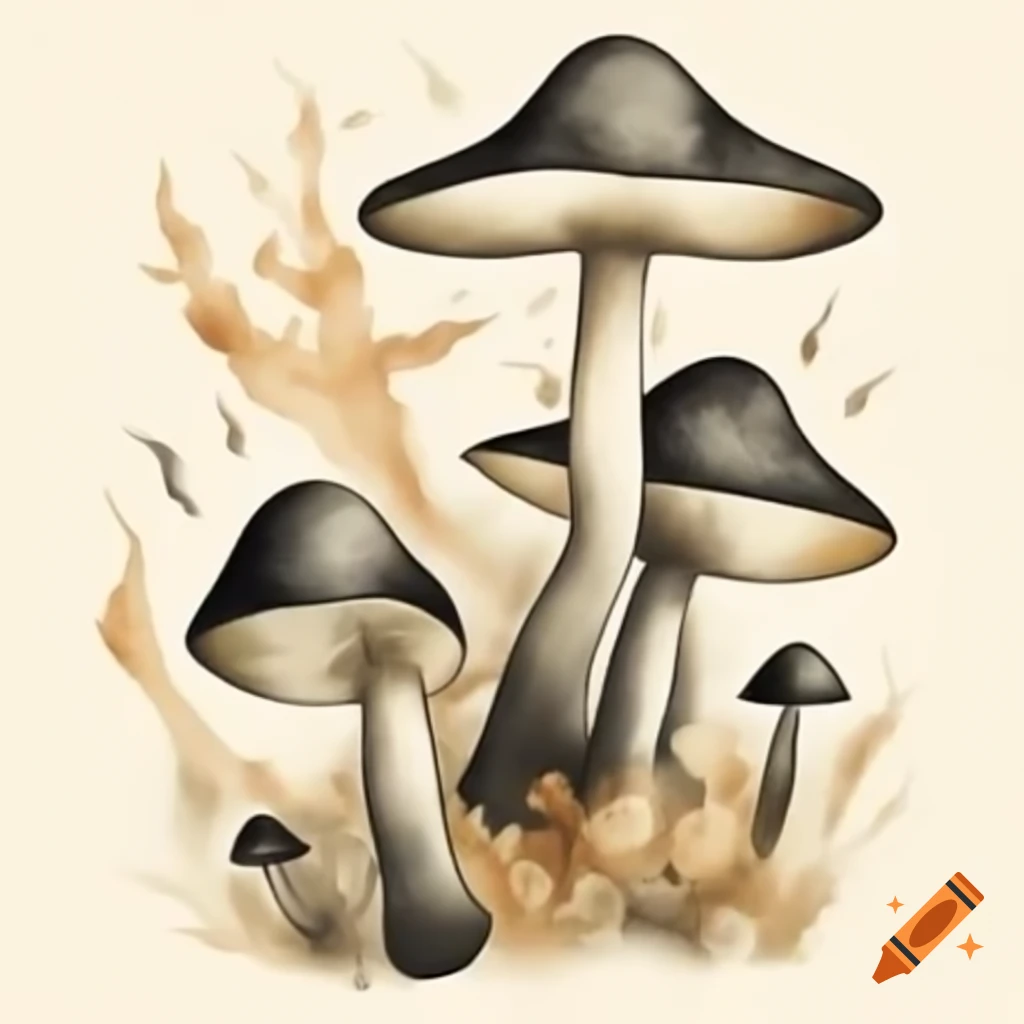 Watercolor mushrooms in black and gold shades, storybook style