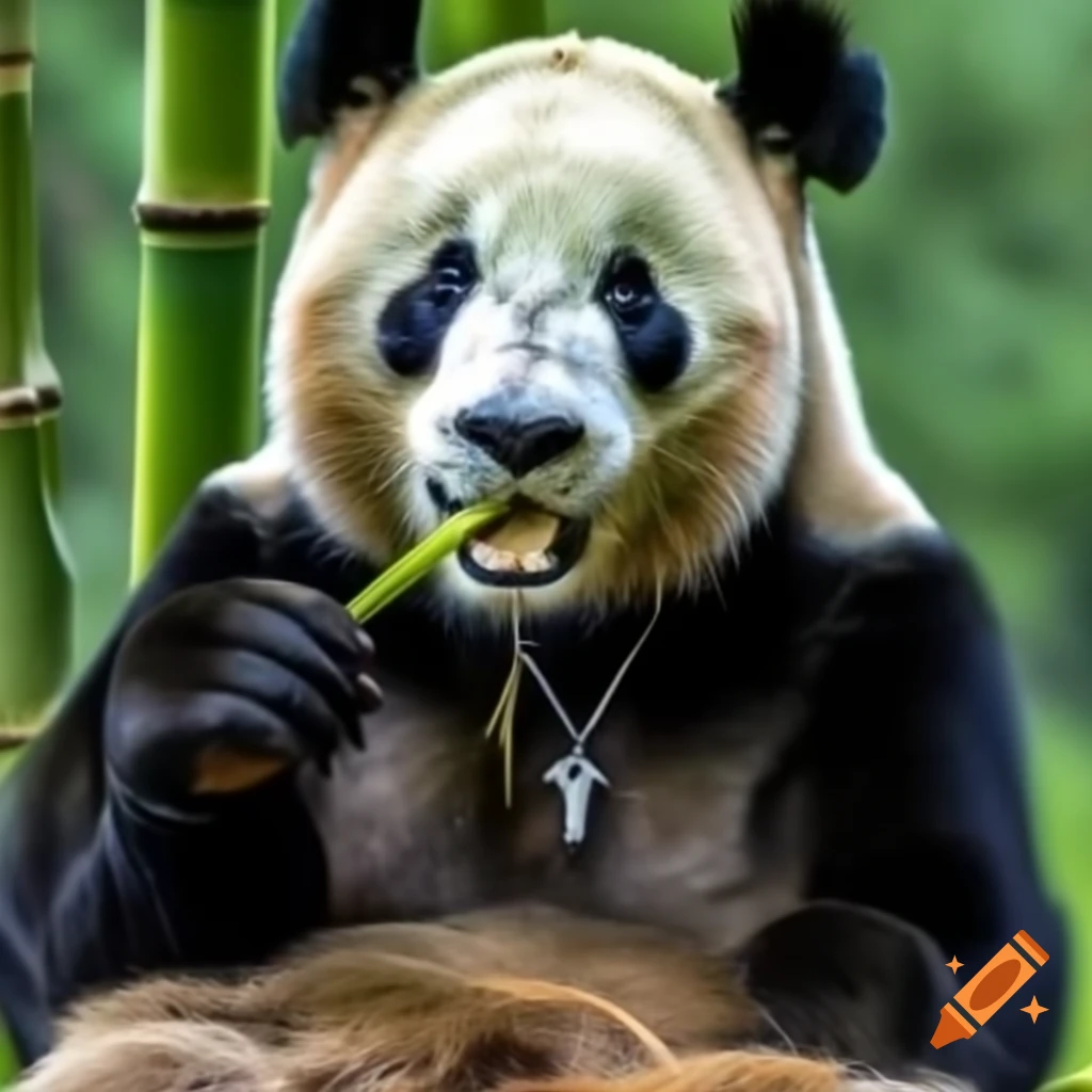Panda wearing silver pendant while eating bamboo