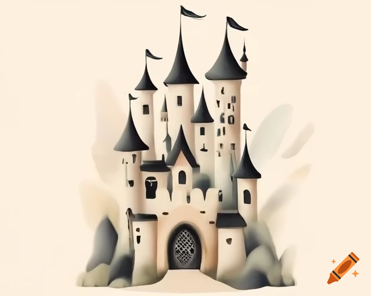 Watercolor fairy castle in black and cream storybook style