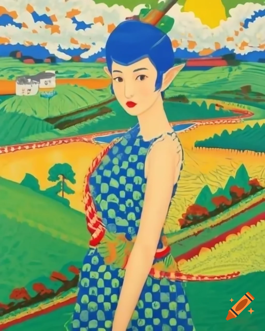 1990 retro pixel art portrait of blue-haired demi-elf in nomad village, Shin Megami Tensei style
